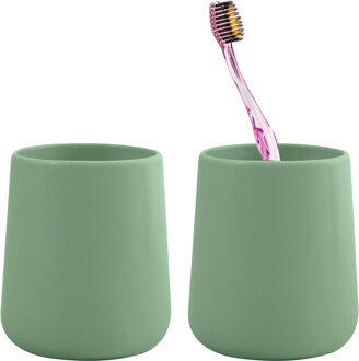 MSV Badkamer drinkbeker/tandenborstelhouder Malmo - 2x - Keramiek - groen - 8 x 10 cm