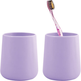 MSV Badkamer drinkbeker/tandenborstelhouder Malmo - 2x - Keramiek - lila paars - 8 x 10 cm