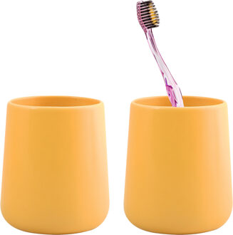 MSV Badkamer drinkbeker/tandenborstelhouder Malmo - 2x - Keramiek - saffraan geel - 8 x 10 cm