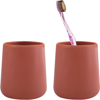 MSV Badkamer drinkbeker/tandenborstelhouder Malmo - 2x - Keramiek - terracotta - 8 x 10 cm