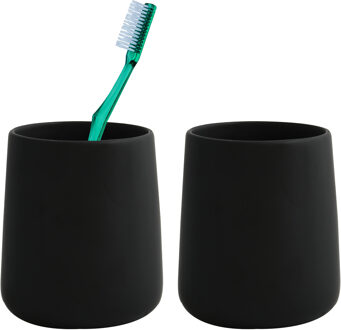MSV Badkamer drinkbeker/tandenborstelhouder Malmo - 2x - Keramiek - zwart - 8 x 10 cm
