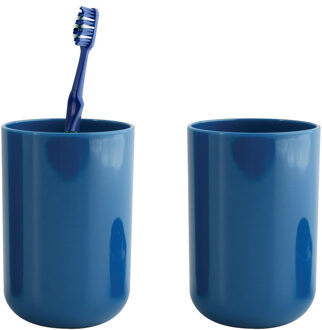 MSV Badkamer drinkbeker/tandenborstelhouder Porto - 2x - PS kunststof - marine blauw - 7 x 10 cm