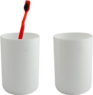 MSV Badkamer drinkbeker/tandenborstelhouder Porto - 2x - PS kunststof - wit - 7 x 10 cm
