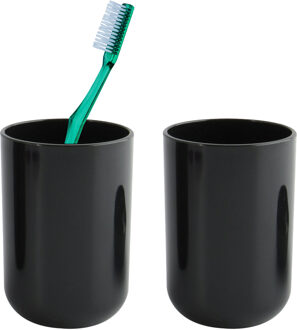 MSV Badkamer drinkbeker/tandenborstelhouder Porto - 2x - PS kunststof - zwart - 7 x 10 cm