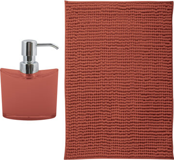 MSV badkamer droogloop mat - Bolzano - 40 x 60 cm - met bijpassend zeeppompje - terracotta - Badmatjes Bruin