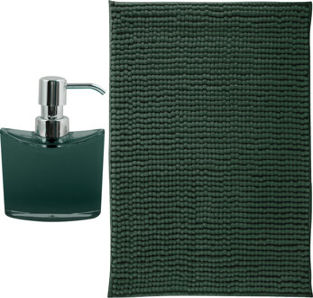 MSV badkamer droogloop mat - Bolzano - 40 x 60 cm - met bijpassende kleur zeeppompje - donkergroen