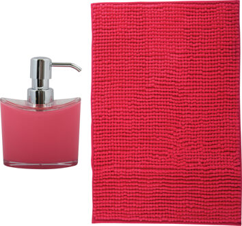 MSV badkamer droogloop mat - Bolzano - 40 x 60 cm - met bijpassende kleur zeeppompje - fuchsia roze