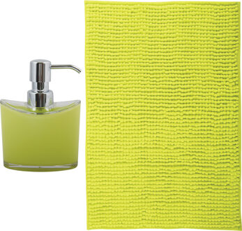 MSV badkamer droogloop mat - Bolzano - 40 x 60 cm - met bijpassende kleur zeeppompje - limegroen