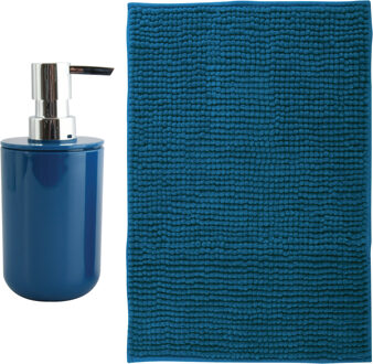 MSV badkamer droogloop mat - Genua - 50 x 80 cm - met bijpassend zeeppompje - donkerblauw - Badmatjes