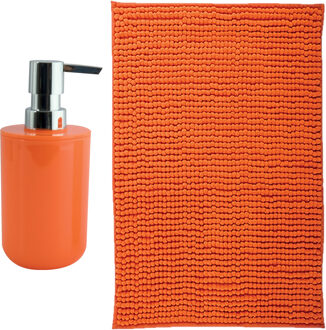 MSV badkamer droogloop mat - Genua - 50 x 80 cm - met bijpassend zeeppompje - oranje - Badmatjes