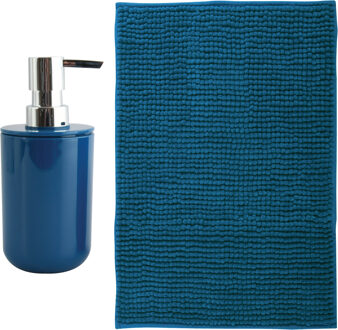 MSV badkamer droogloop mat - Genua - 50 x 80 cm - met bijpassende kleur zeeppompje - donkerblauw