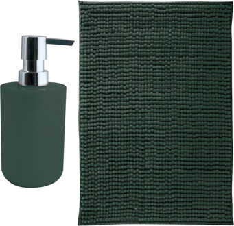 MSV badkamer droogloop mat - Genua - 50 x 80 cm - met bijpassende kleur zeeppompje - donkergroen