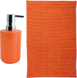 MSV badkamer droogloop mat - Genua - 50 x 80 cm - met bijpassende kleur zeeppompje - oranje