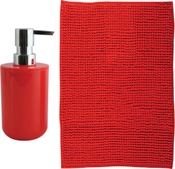 MSV badkamer droogloop mat - Genua - 50 x 80 cm - met bijpassende kleur zeeppompje - rood