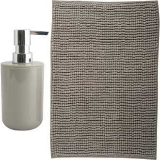 MSV badkamer droogloop mat - Milano - 40 x 60 cm - met bijpassend zeeppompje - beige - Badmatjes