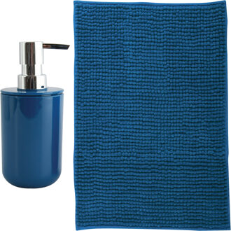 MSV badkamer droogloop mat - Milano - 40 x 60 cm - met bijpassend zeeppompje - donkerblauw - Badmatjes