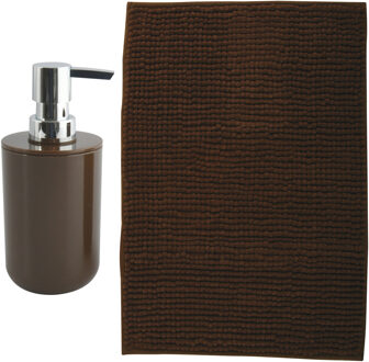 MSV badkamer droogloop mat - Milano - 40 x 60 cm - met bijpassende kleur zeeppompje - bruin