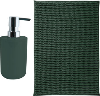 MSV badkamer droogloop mat - Milano - 40 x 60 cm - met bijpassende kleur zeeppompje - donkergroen