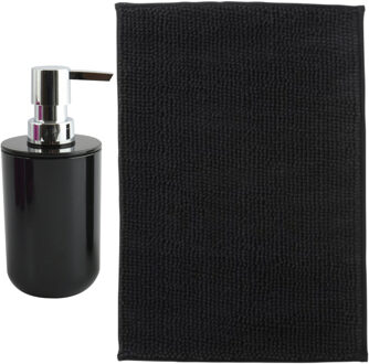MSV badkamer droogloop mat - Milano - 40 x 60 cm - met bijpassende kleur zeeppompje - zwart