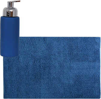 MSV badkamer droogloop mat/tapijt - 40 x 60 cm - met zelfde kleur zeeppompje 250 ml - donkerblauw - Badmatjes