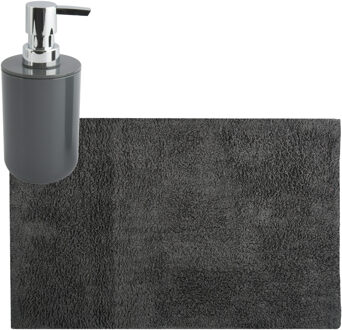 MSV badkamer droogloop mat/tapijt - 40 x 60 cm - met zelfde kleur zeeppompje 260 ml - donkergrijs - Badmatjes