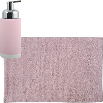 MSV badkamer droogloop mat/tapijt - 40 x 60 cm - met zelfde kleur zeeppompje 300 ml - lichtroze - Badmatjes