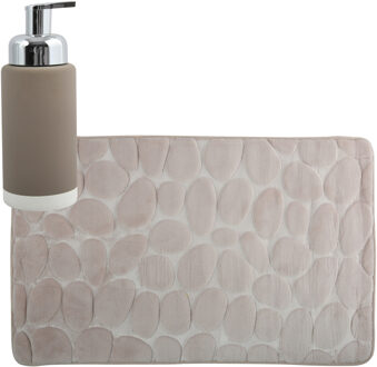 MSV badkamer droogloop mat/tapijt Kiezel - 50 x 80 cm - zelfde kleur zeeppompje - beige - Badmatjes