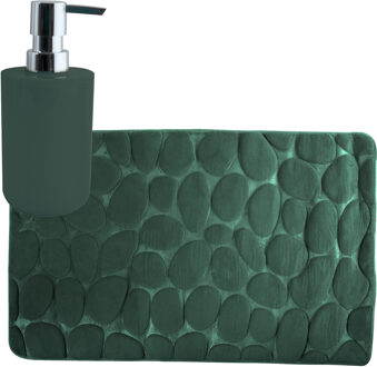 MSV badkamer droogloop mat/tapijt Kiezel - 50 x 80 cm - zelfde kleur zeeppompje - donkergroen