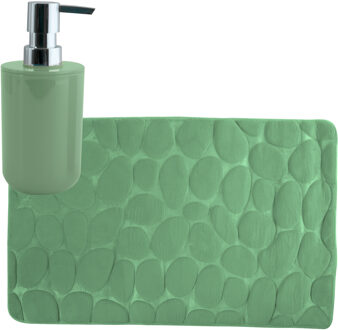 MSV badkamer droogloop mat/tapijt Kiezel - 50 x 80 cm - zelfde kleur zeeppompje - groen - Badmatjes