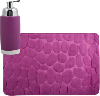 MSV badkamer droogloop mat/tapijt Kiezel - 50 x 80 cm - zelfde kleur zeeppompje - paars