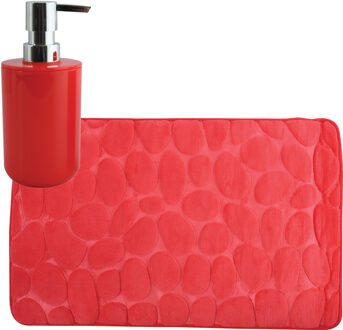 MSV badkamer droogloop mat/tapijt Kiezel - 50 x 80 cm - zelfde kleur zeeppompje - rood