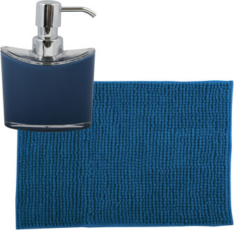 MSV badkamer droogloop mat/tapijtje - 40 x 60 cm - en zelfde kleur zeeppompje 260 ml - blauw - Badmatjes