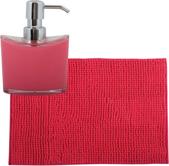 MSV badkamer droogloop mat/tapijtje - 40 x 60 cm - en zelfde kleur zeeppompje 260 ml - fuchsia roze - Badmatjes