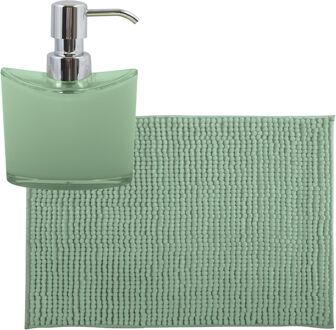 MSV badkamer droogloop mat/tapijtje - 40 x 60 cm - en zelfde kleur zeeppompje 260 ml - groen