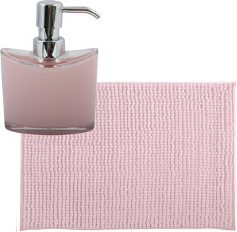 MSV badkamer droogloop mat/tapijtje - 40 x 60 cm - en zelfde kleur zeeppompje 260 ml - lichtroze