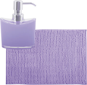 MSV badkamer droogloop mat/tapijtje - 40 x 60 cm - en zelfde kleur zeeppompje 260 ml - lila paars