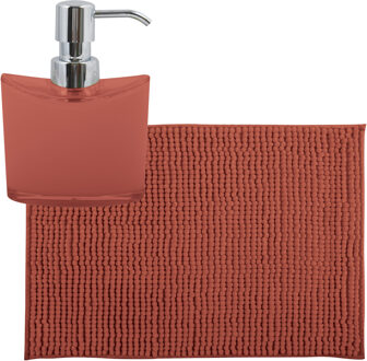 MSV badkamer droogloop mat/tapijtje - 40 x 60 cm - en zelfde kleur zeeppompje 260 ml - terracotta