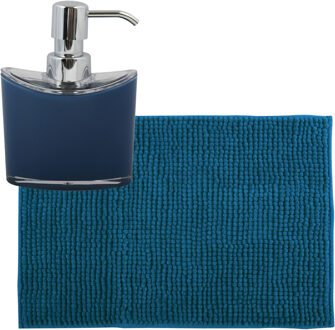 MSV badkamer droogloop mat/tapijtje - 50 x 80 cm - en zelfde kleur zeeppompje 260 ml - donkerblauw - Badmatjes