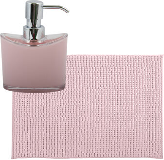 MSV badkamer droogloop mat/tapijtje - 50 x 80 cm - en zelfde kleur zeeppompje 260 ml - lichtroze