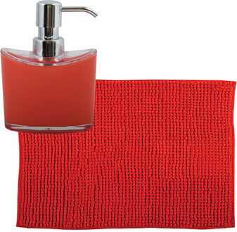 MSV badkamer droogloop mat/tapijtje - 50 x 80 cm - en zelfde kleur zeeppompje 260 ml - rood - Badmatjes