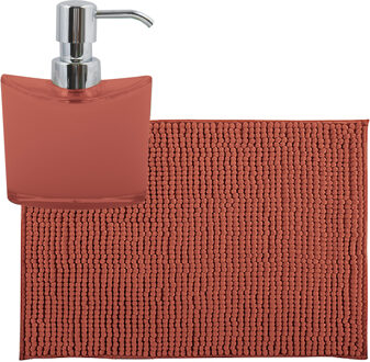 MSV badkamer droogloop mat/tapijtje - 50 x 80 cm - en zelfde kleur zeeppompje 260 ml - terracotta
