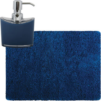 MSV badkamer droogloop tapijt - Langharig - 50 x 70 cm - incl zeeppompje 260 ml - donkerblauw - Badmatjes