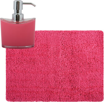 MSV badkamer droogloop tapijt - Langharig - 50 x 70 cm - incl zeeppompje 260 ml - fuchsia roze - Badmatjes