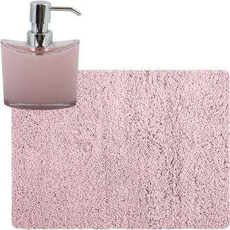 MSV badkamer droogloop tapijt - Langharig - 50 x 70 cm - incl zeeppompje 260 ml - lichtroze