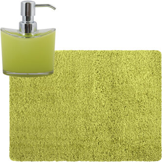 MSV badkamer droogloop tapijt - Langharig - 50 x 70 cm - incl zeeppompje 260 ml - limegroen - Badmatjes