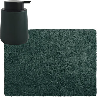 MSV badkamer droogloop tapijt - Langharig - 50 x 70 cm - incl zeeppompje zelfde kleur - donkergroen