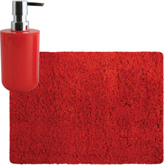 MSV badkamer droogloop tapijt - Langharig - 50 x 70 cm - incl zeeppompje zelfde kleur - rood