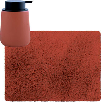 MSV badkamer droogloop tapijt - Langharig - 50 x 70 cm - incl zeeppompje zelfde kleur - terracotta