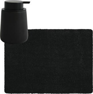 MSV badkamer droogloop tapijt - Langharig - 50 x 70 cm - incl zeeppompje zelfde kleur - zwart