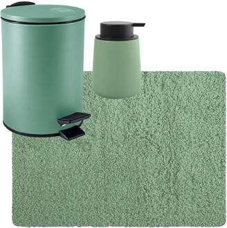 MSV badkamer droogloop tapijt langharig 50x70 cm - pedaalemmer 3L - zeeppompje 300 ml - groen - Badmatjes